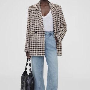 Anine Bing Diana Double Breasted Relaxed Fit Blazer in Apricot Tweed, X-Large